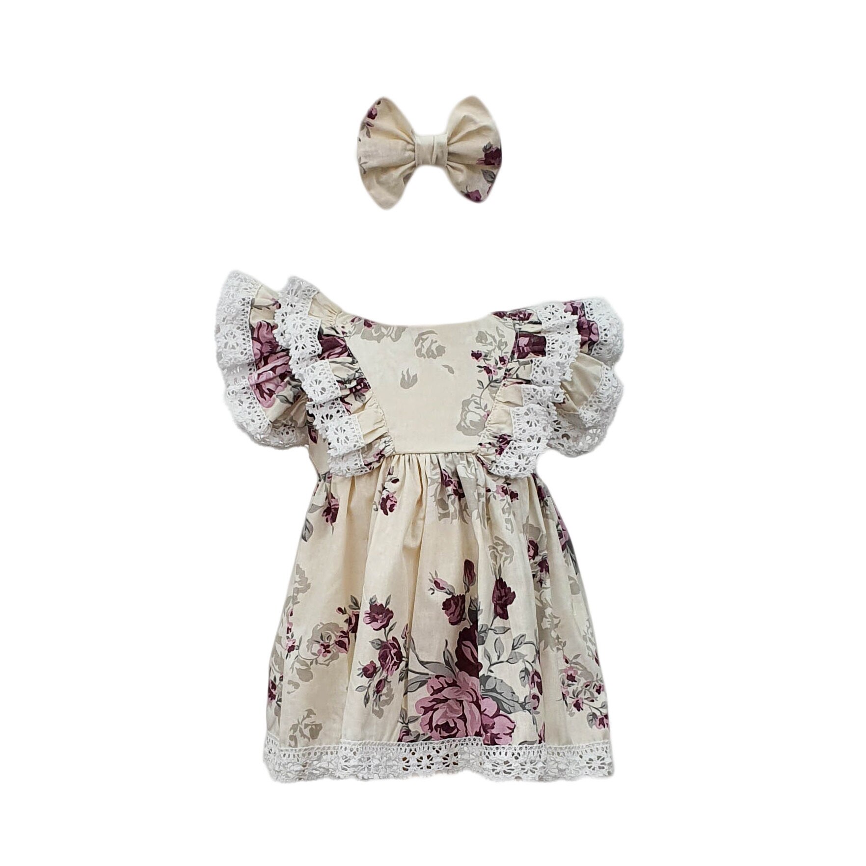 Rochie botez cu maneca scurta, model Corina, culoare mov-alb, varsta 6 luni