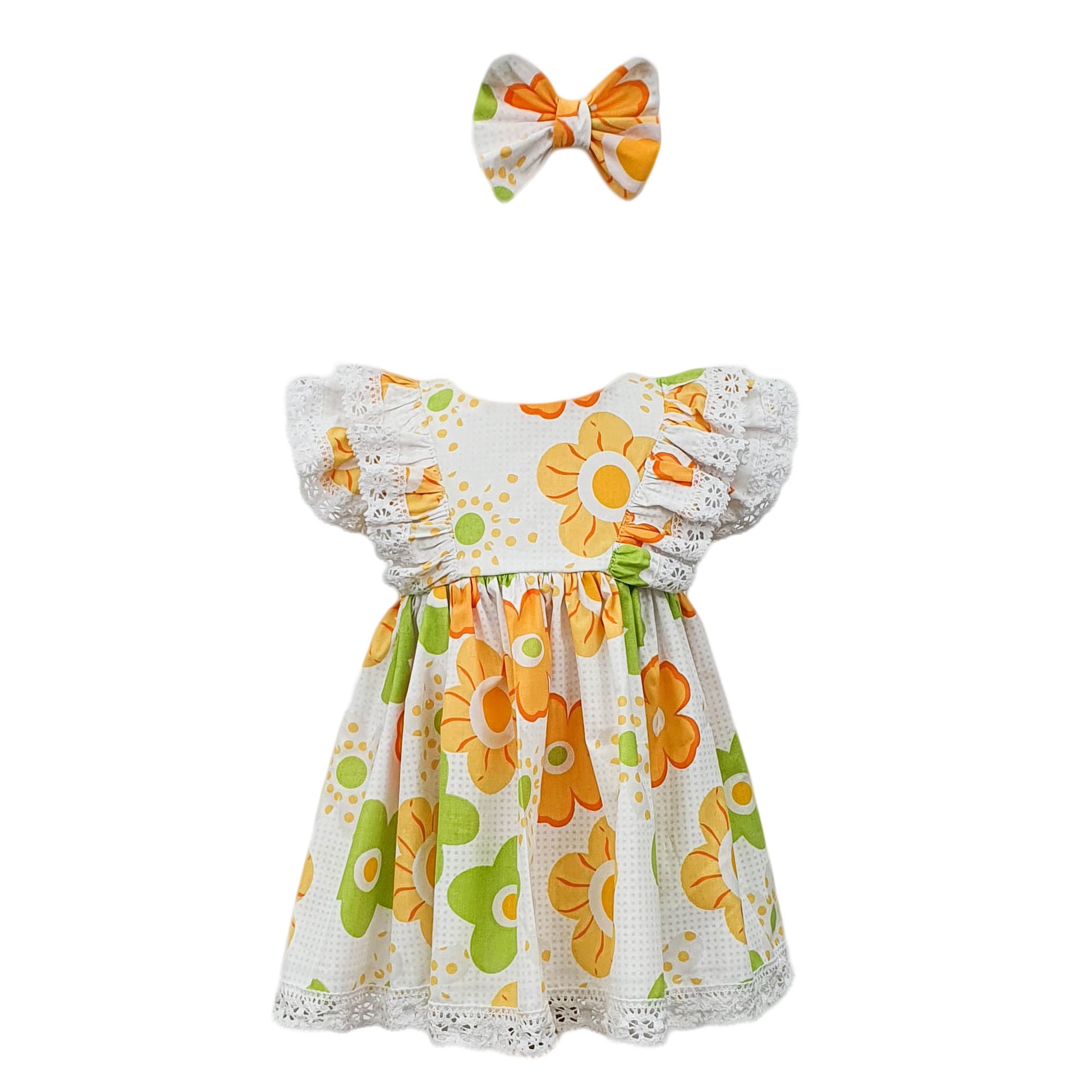 Rochie botez cu maneci scurte, model Flori, culoare alb-galben, varsta 3 luni