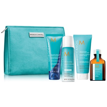 Set pentru calatorie Moroccanoil Blonde: Ulei tratament light pt par blond sau subtire, 25ml + Sampon violet, 70 ml + Masca light, 75ml + Sampon uscat, 65 ml Set pentru calatorie Moroccanoil Blonde: Ulei tratament light pt par blond sau subtire, 25ml + Sampon violet, 70 ml + Masca light, 75ml + Sampon uscat, 65 ml