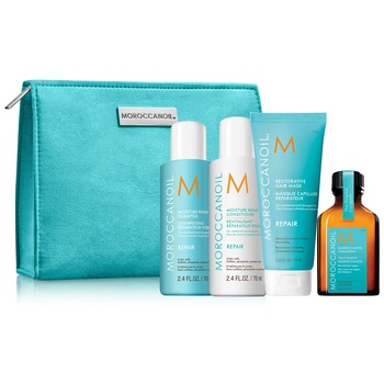 Set pentru calatorie Moroccanoil Repair: Ulei tratament par, 25ml + Sampon si balsam reparare, 70 ml + Masca reparare, 75ml Set pentru calatorie Moroccanoil Repair: Ulei tratament par, 25ml + Sampon si balsam reparare, 70 ml + Masca reparare, 75ml