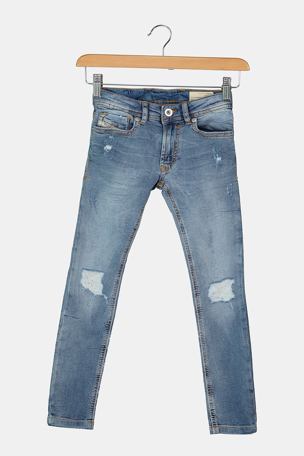 Diesel, Blugi slim fit cu rupturi decorative, Albastru deschis, 132 CM