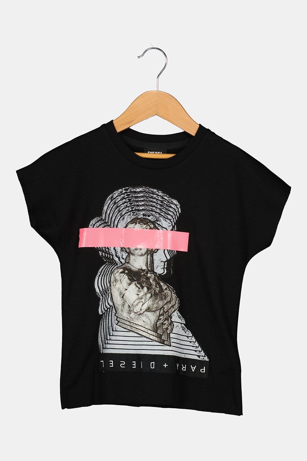 Diesel, Tricou cu maneci cazute si model grafic, Negru/Alb/Roz