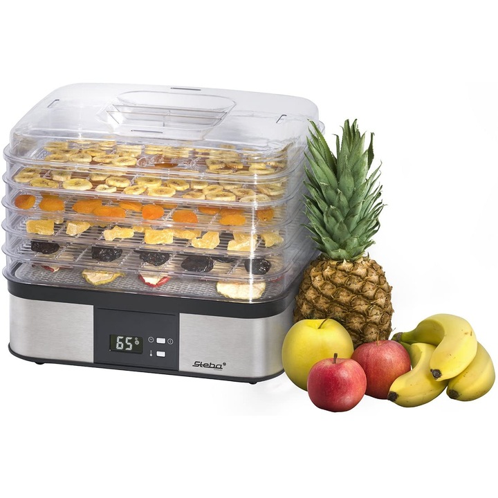 Deshidrator de alimente Steba, ED 5, 5 tavi transparente, fara BPA, capac transparent, motor durabil cu ventilator, controlul temperaturii si a timpului, argintiu/ negru