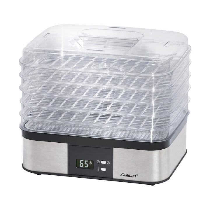 Deshidrator de alimente Steba, ED 5, 5 tavi transparente, fara BPA, capac transparent, motor durabil cu ventilator, controlul temperaturii si a timpului, argintiu