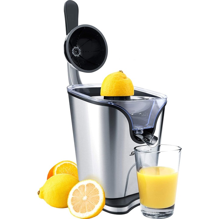 Presa electrica citrice Steba, ZP 3, silentios, carcasa din otel inoxidabil, sita pentru seminte si pulpa, doua conuri de presare, pornire/oprire automata, argintiu