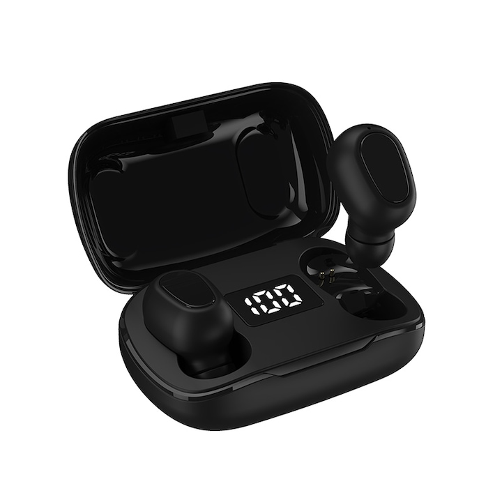 DacEnergy vezeték nélküli fülhallgató, Bluetooth 5.0, intelligens LED kijelző, IPX7 vízálló, beépített mikrofon, Siri Voice Activation, fekete
