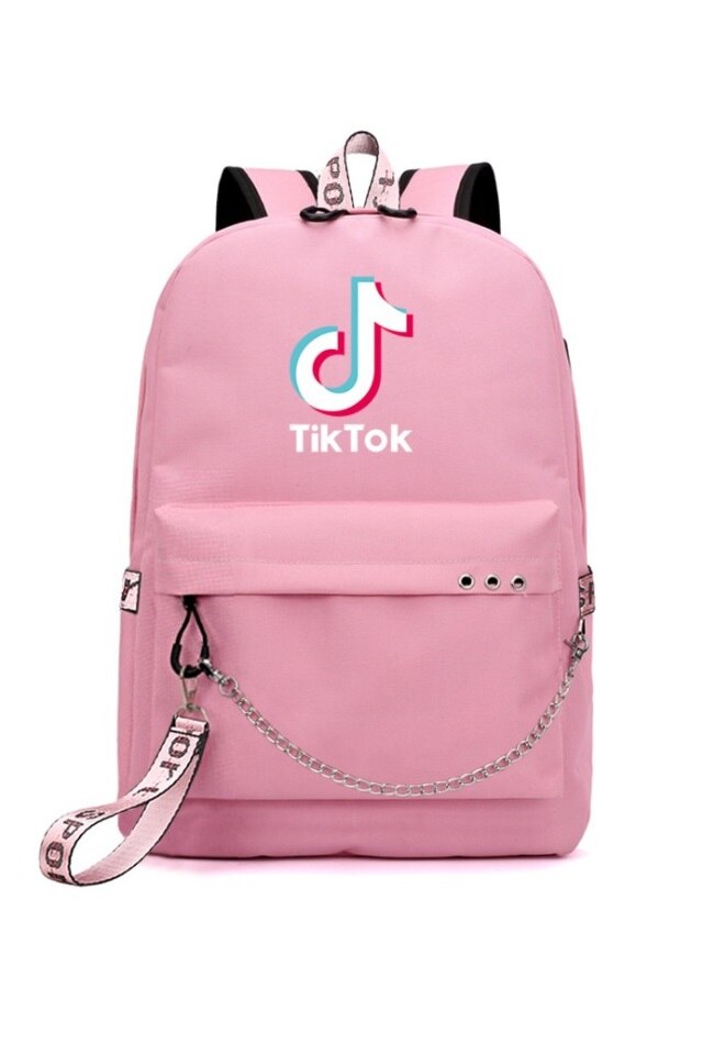 Rucsac multifunctional TikTok unisex, impermeabil, 45x32x15 cm, dotat cu cablu USB si cablu auxiliar cu mufa Jack de 3.5mm, roz TTFMD379