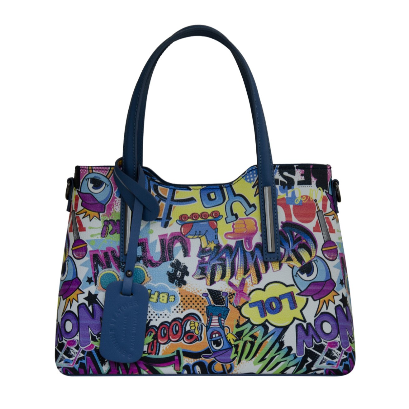 Geanta de dama din piele naturala Eva Bags, Pipa 6 grafic albastru