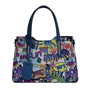 Geanta de dama din piele naturala Eva Bags, Pipa 6 grafic albastru Geanta de dama din piele naturala Eva Bags, Pipa 6 grafic albastru