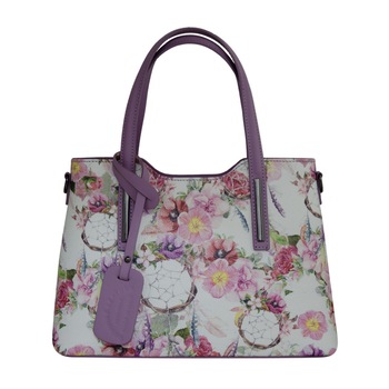 Geanta de dama din piele naturala Eva Bags, Pipa 6 floral multicolor lila Geanta de dama din piele naturala Eva Bags, Pipa 6 floral multicolor lila