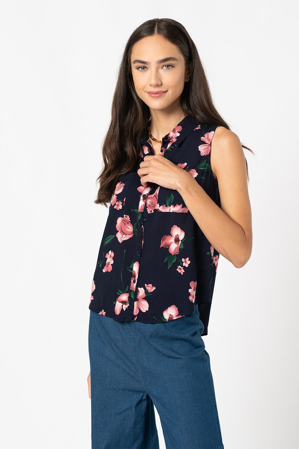Haily's, Camasa cu imprimeu floral, fara maneci Eva, Bleumarin inchis/Roz pastel