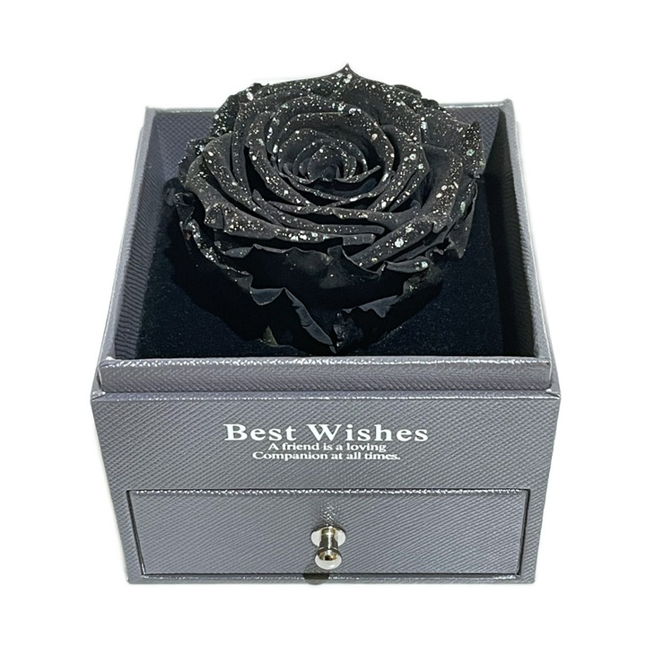 Trandafir criogenat negru cu sclipici XL Gardinea Domain in cutie tip sertar, 9x9x10.5 cm, punga cadou