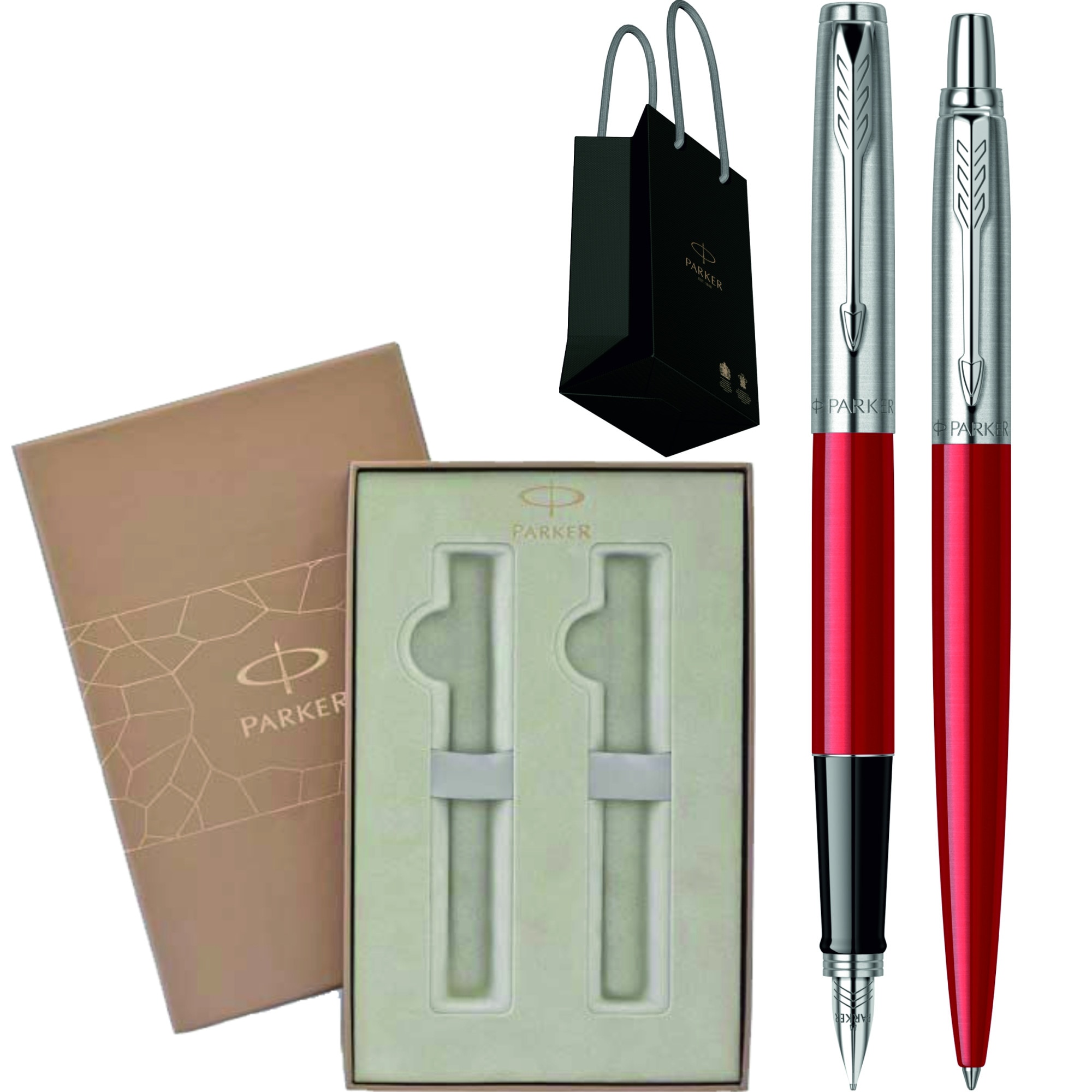 Set Parker Personalizat prin Gravura Laser Stilou Pix Jotter Royal Kensington Red CT in cutie Premium Duo si punga