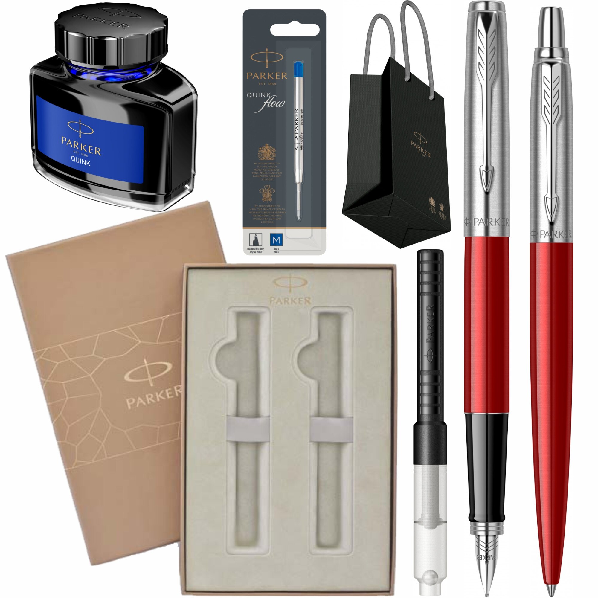 Set Parker Personalizat prin Gravura Laser Stilou Pix Jotter Royal Kensington Red CT cu rezerva mina pix, convertor, calimara cerneala, cutie Premium Duo si punga
