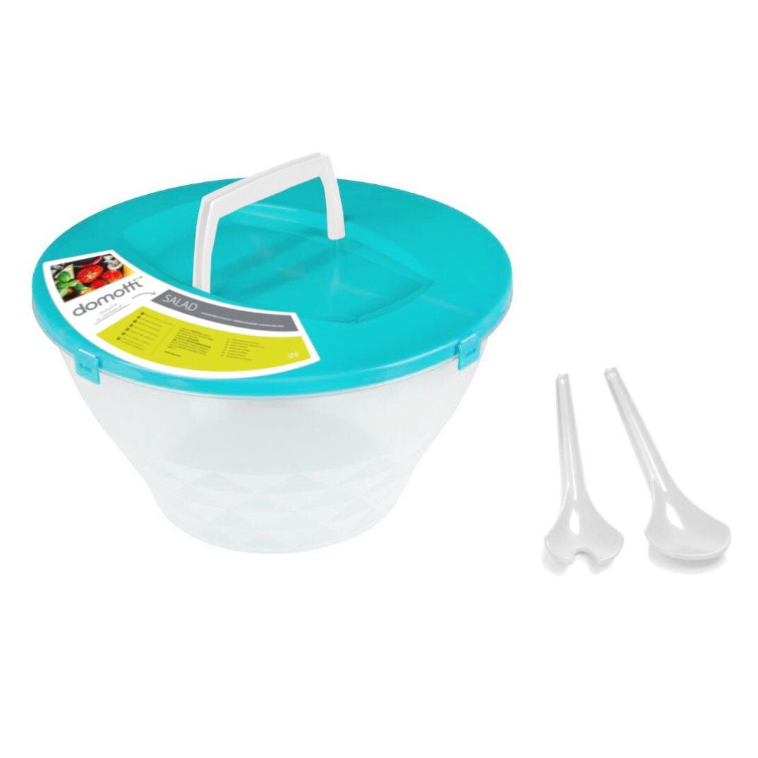 Bol pentru salata Domotti 5l, 27x27x15cm cu tacamuri albastru Salad