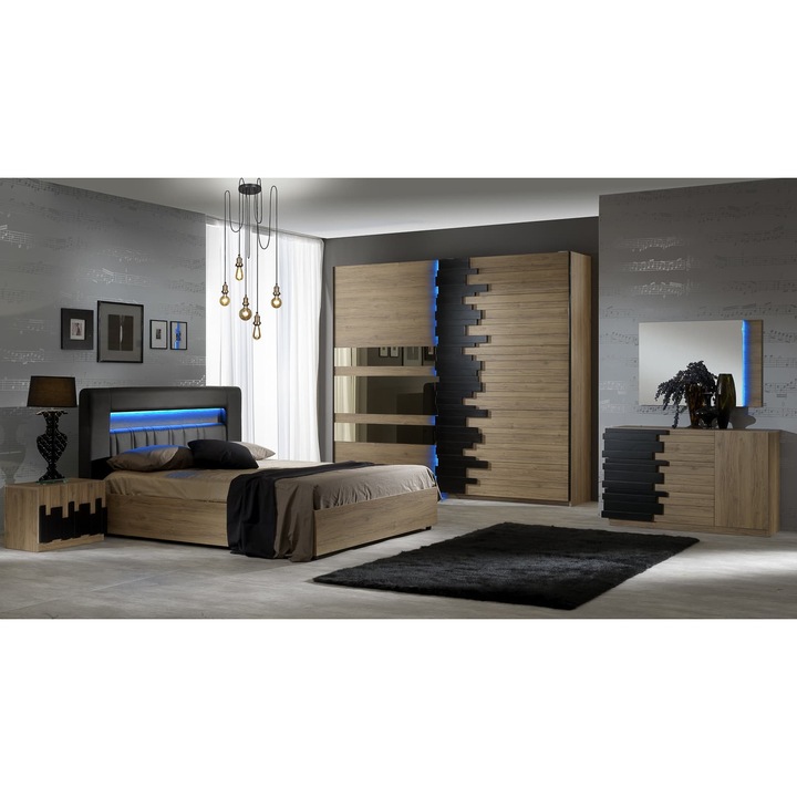 Dormitor Mozart CB Furniture, Sonoma/Negru, Pat 160x200 cm, Dulap cu 2 usi culisante, Comoda, 2 Noptiere