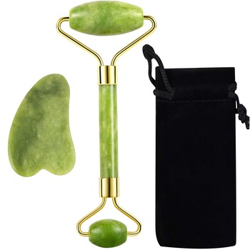 Rola De Masaj Faciala Cu Piatra Gua Sha Verde Rola De Masaj Faciala Cu Piatra Gua Sha Verde