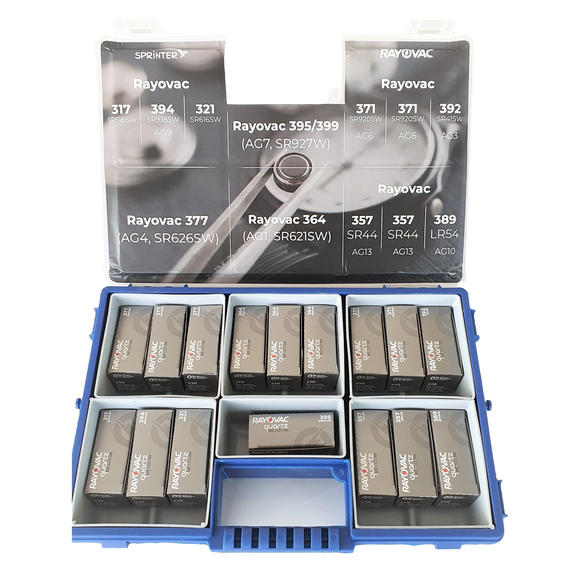 Pachet ceasornicar cu 160 baterii de ceas Rayovac cu Oxid de Argint, 10 modele (317, 321, 357, 364, 371, 377, 389, 392, 394 si 395)