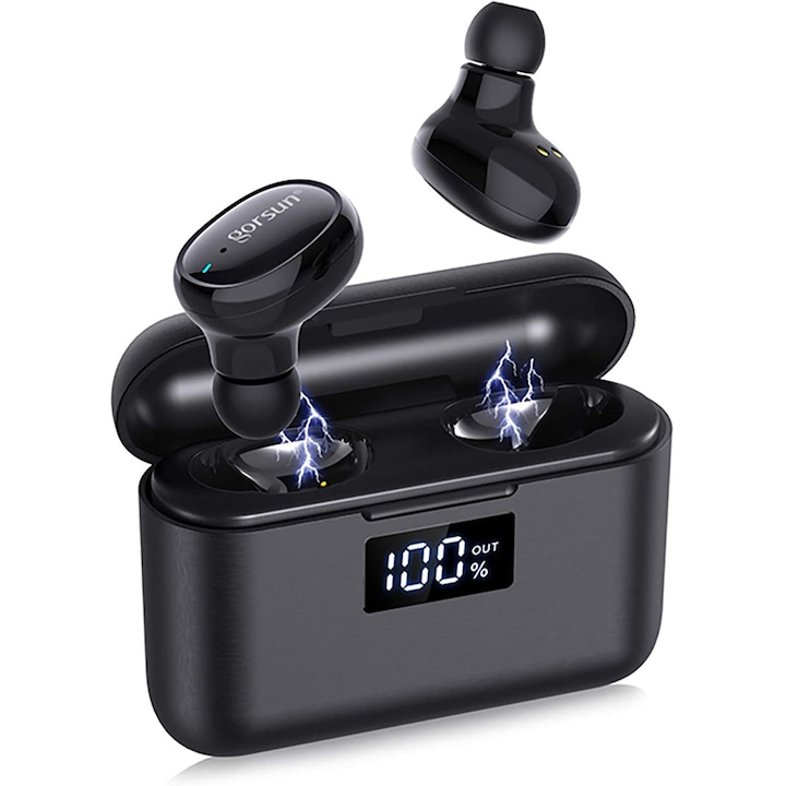 Casti Audio Wireless In-Ear Gorsun V8-S, Bluetooth V5.0+, Microfon, Fast Charge 2h, 160h Standby, Touch Control, HD Call iOS Android, 3D Stereo Bass, Dynamic HIFI, Carcasa cu Incarcare, 2 Seturi Tipsuri Ureche, Negru