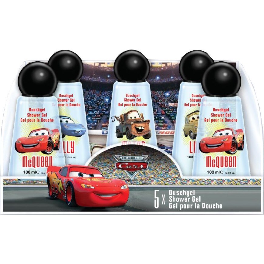 Set 5 geluri de dus pentru copii NOVOKIDS™ Disney Originals Cars, 500 ml, non-toxic, aroma de zmeura , model Fulger Mc Queen