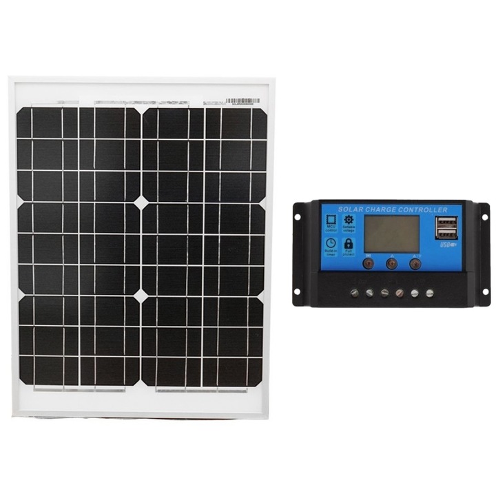 Kit Panou solar 10W, brand PYRAMID®, fotovoltaic, monocristalin, controller 30A 12/24V, cablu de conectare, tensiune maxima 18V, PS-PYR10