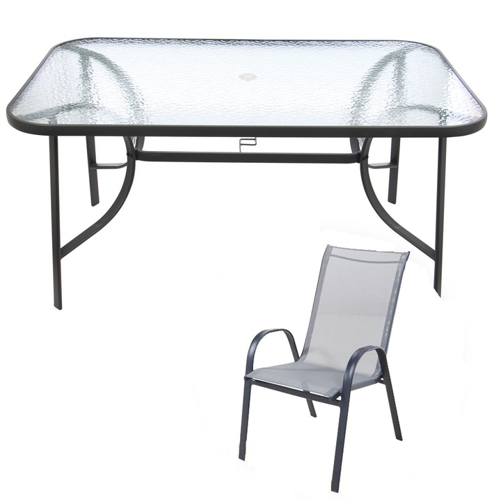 Комплект градински мебели DacEnergy©, изработен от метал и текстил, с правоъгълна маса и 6 стола, размери 148 x 88 x 72 cm