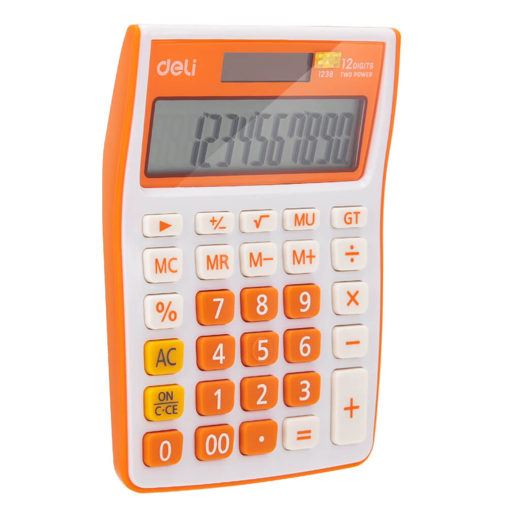 Calculator de Birou Deli 1238, 12 Digits, Alb/Portocaliu, Alimentare Dubla