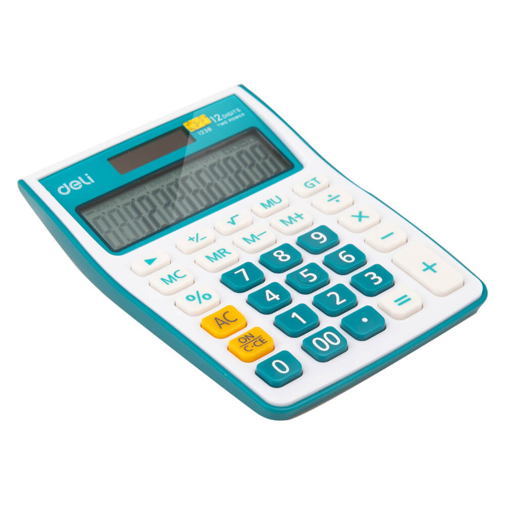 Calculator de Birou Deli 1238, 12 Digits, Alb/Albastru, Alimentare Dubla