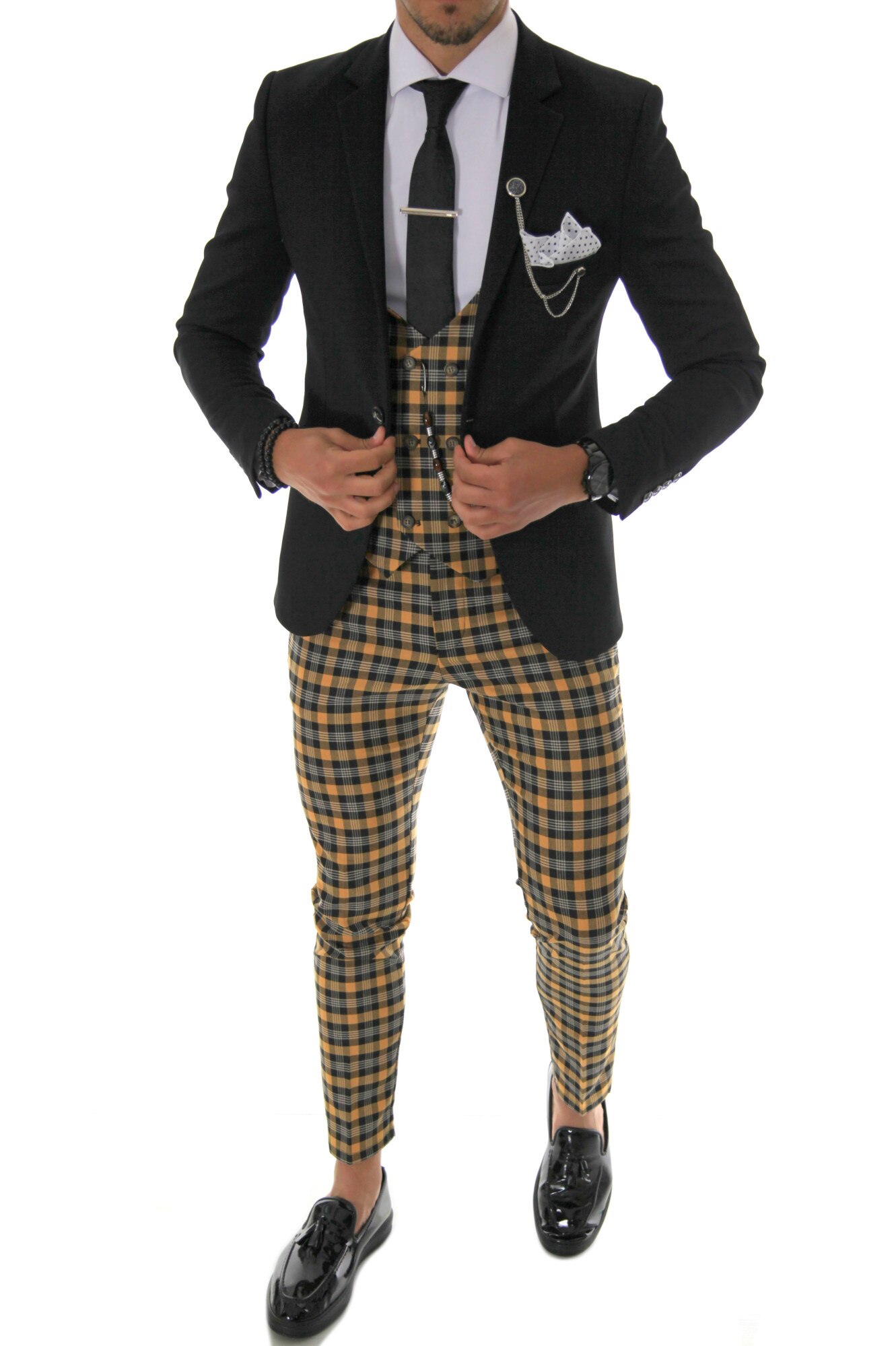 Costum negru, pentru barbati, slim fit, sacou, pantaloni, vesta, B4108, Negru