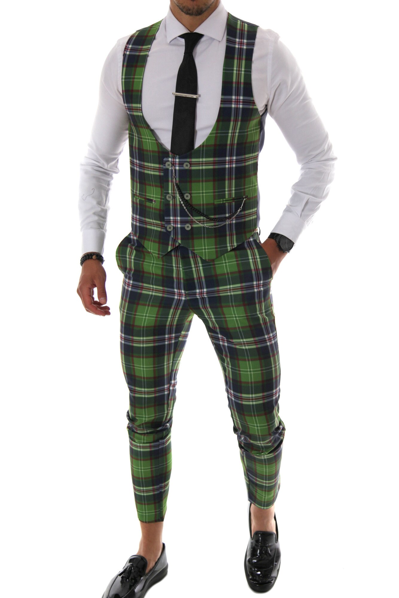 Costum verde, pentru barbati, slim fit, pantaloni, vesta, B4100, Verde