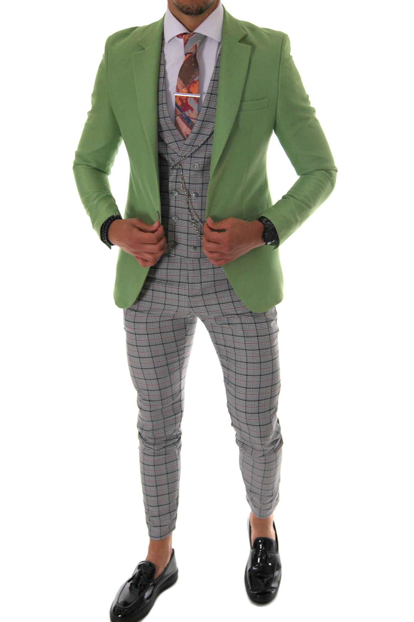 Costum verde, pentru barbati, slim fit, sacou, pantaloni, vesta, B4171, Verde