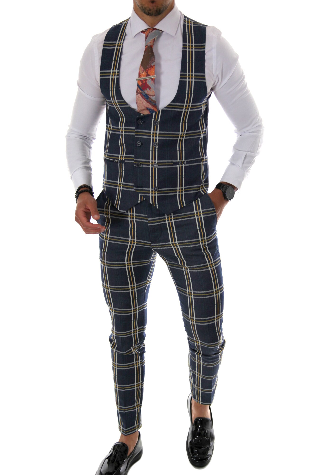 Costum bleumarin, pentru barbati, slim fit, pantaloni, vesta, B4198, Albastru