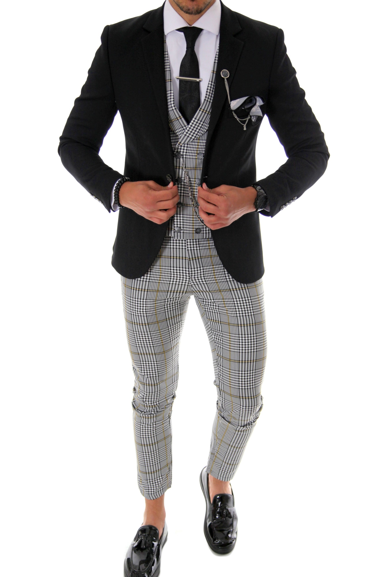 Costum negru, pentru barbati, slim fit, sacou, pantaloni, vesta, B4179, Negru