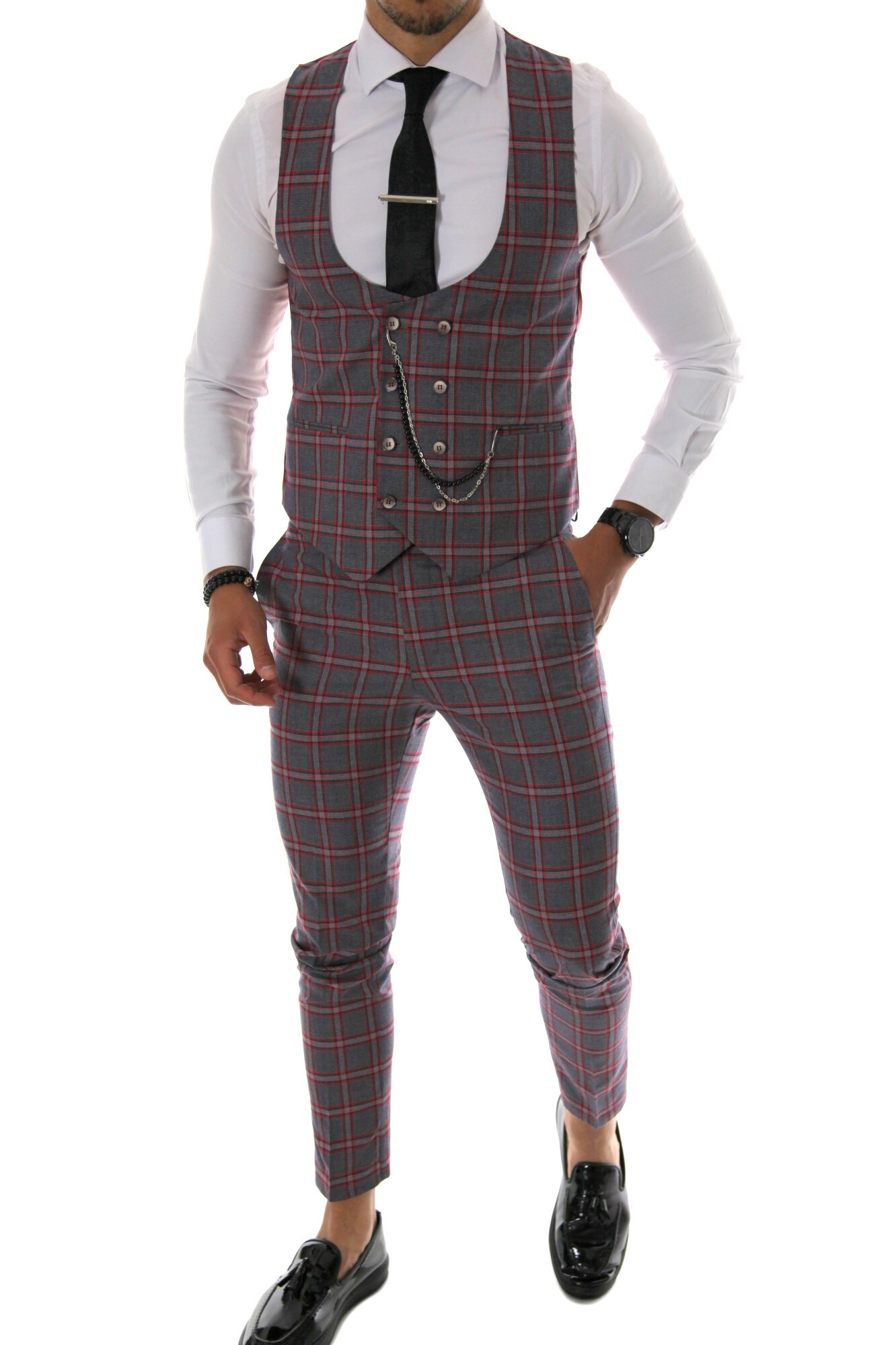 Costum gri, pentru barbati, slim fit, pantaloni, vesta, B4147, Gri