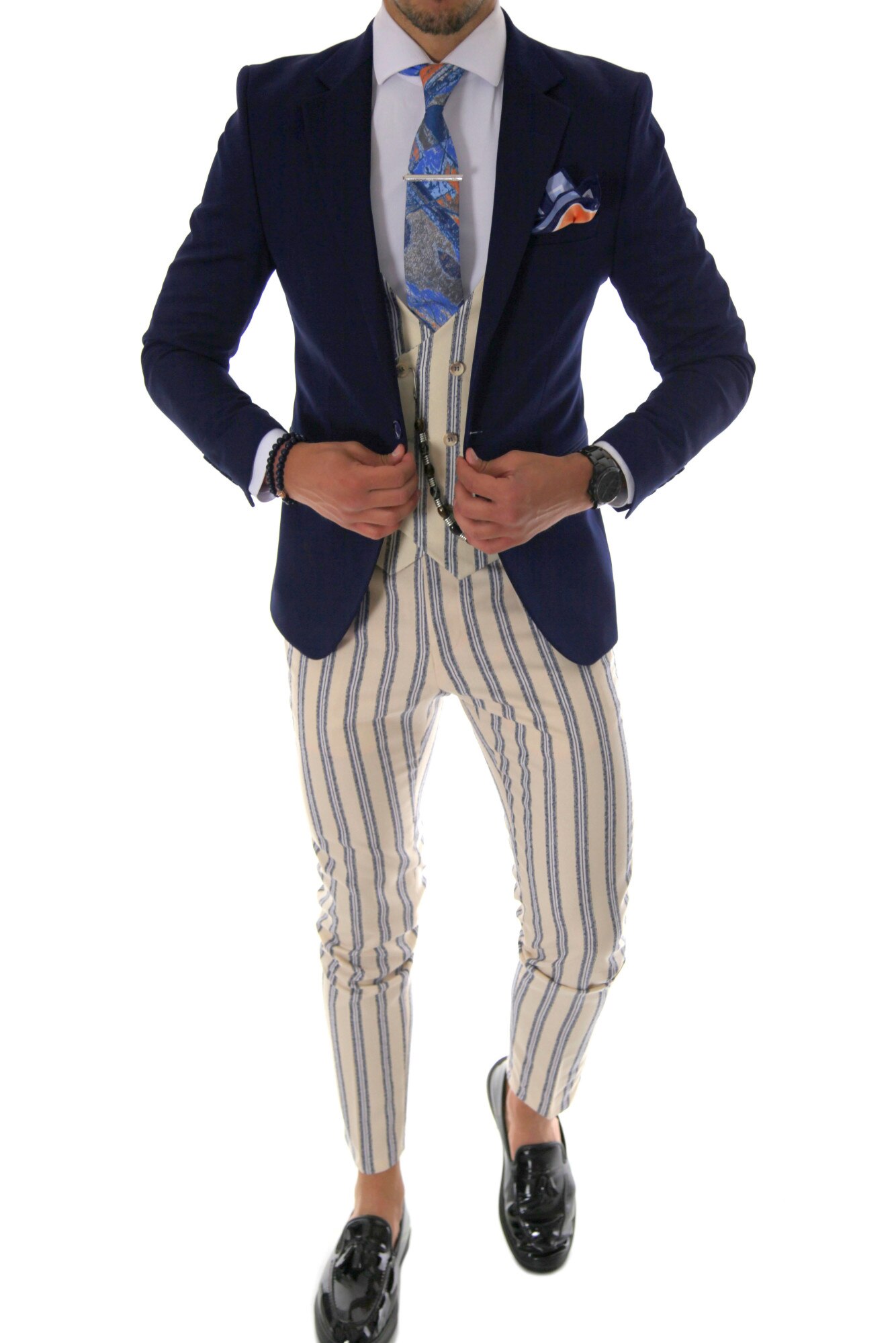 Costum bleumarin, pentru barbati, slim fit, sacou, pantaloni, vesta, B4128, Bleumarin
