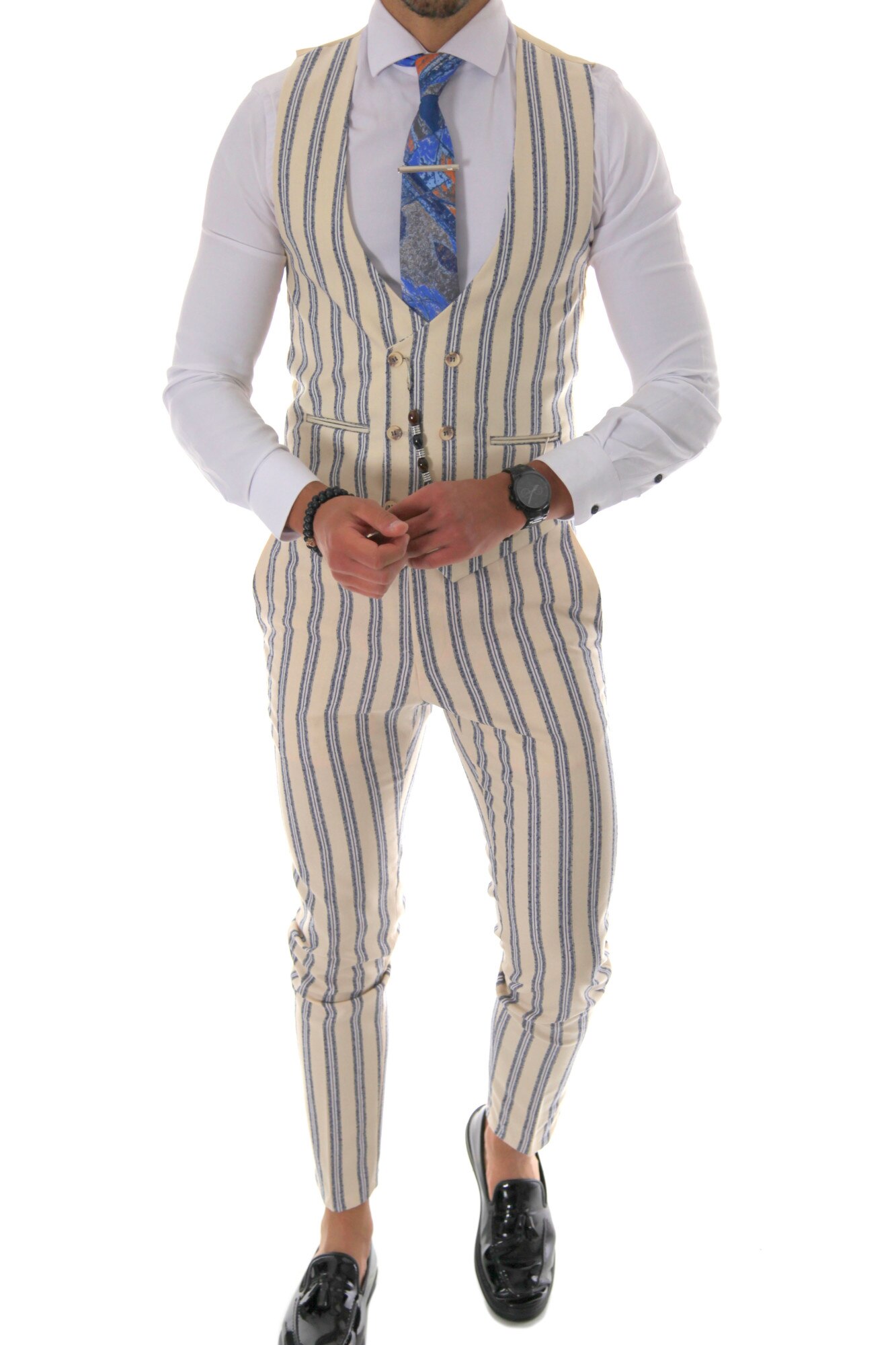 Costum bej, pentru barbati, slim fit, pantaloni, vesta, B4127, Bej