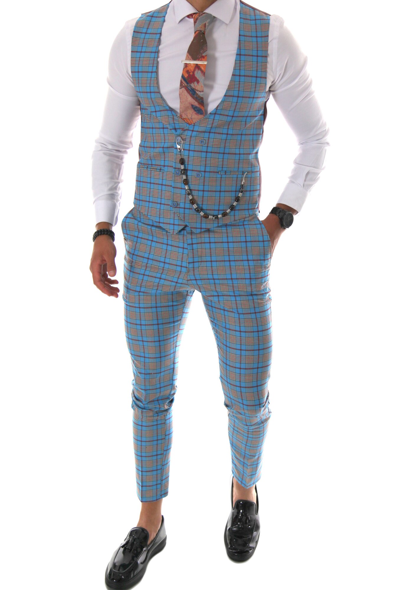 Costum albastru, pentru barbati, slim fit, pantaloni, vesta, B4115, Albastru