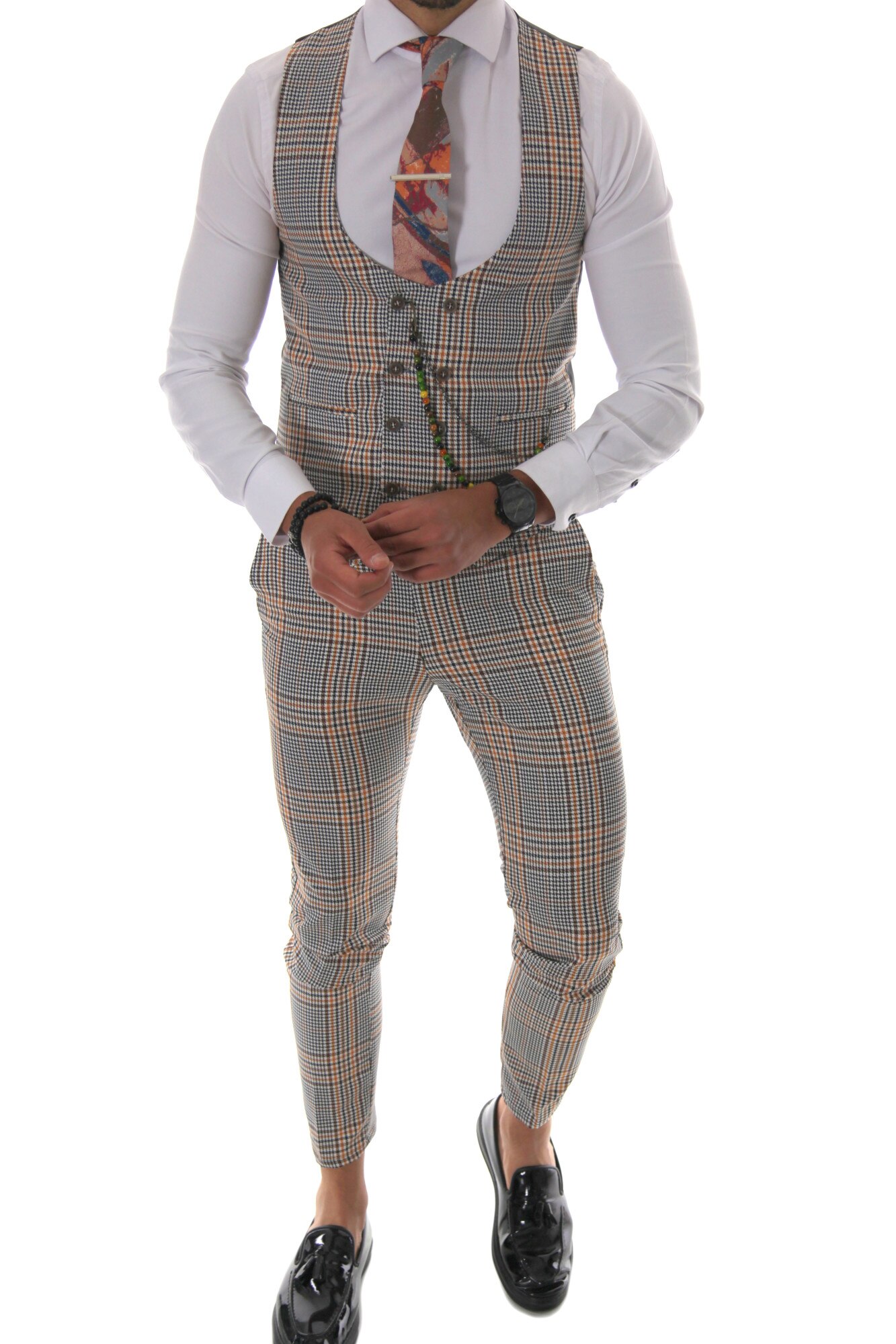 Costum gri, pentru barbati, slim fit, pantaloni, vesta, B4153, Gri, S