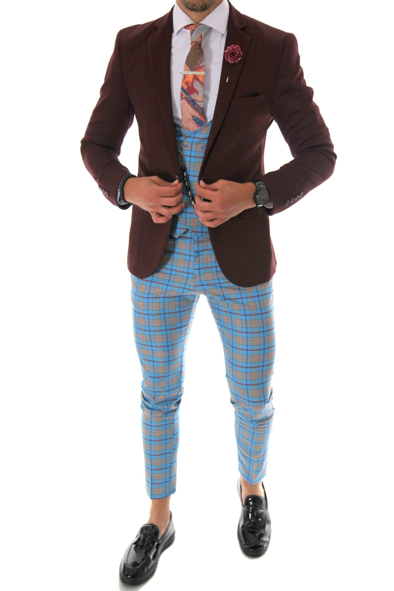 Costum grena, pentru barbati, slim fit, sacou, pantaloni, vesta, B4114, Grena