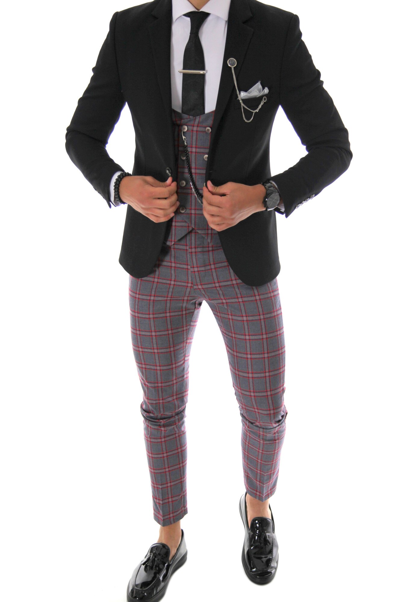Costum negru, pentru barbati, slim fit, sacou, pantaloni, vesta, B4146, Negru