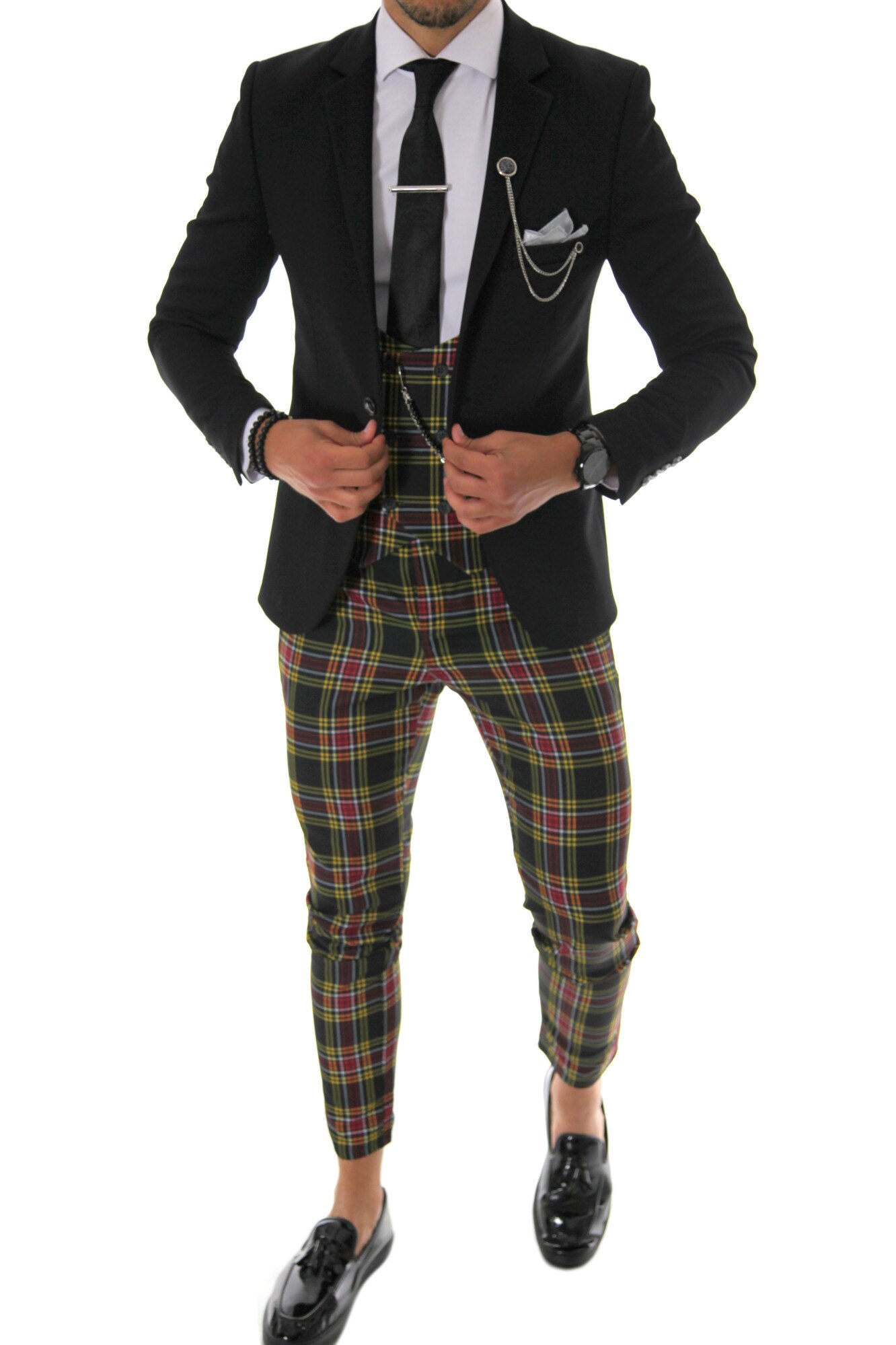 Costum negru, pentru barbati, slim fit, sacou, pantaloni, vesta, B4120, Negru