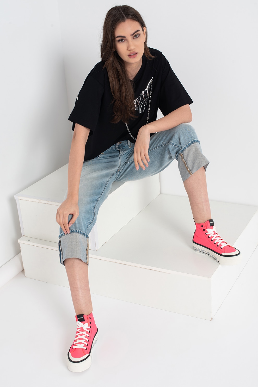 Diesel, Blugi crop cu croiala dreapta D-Reggy, Bleu/Alb prafuit