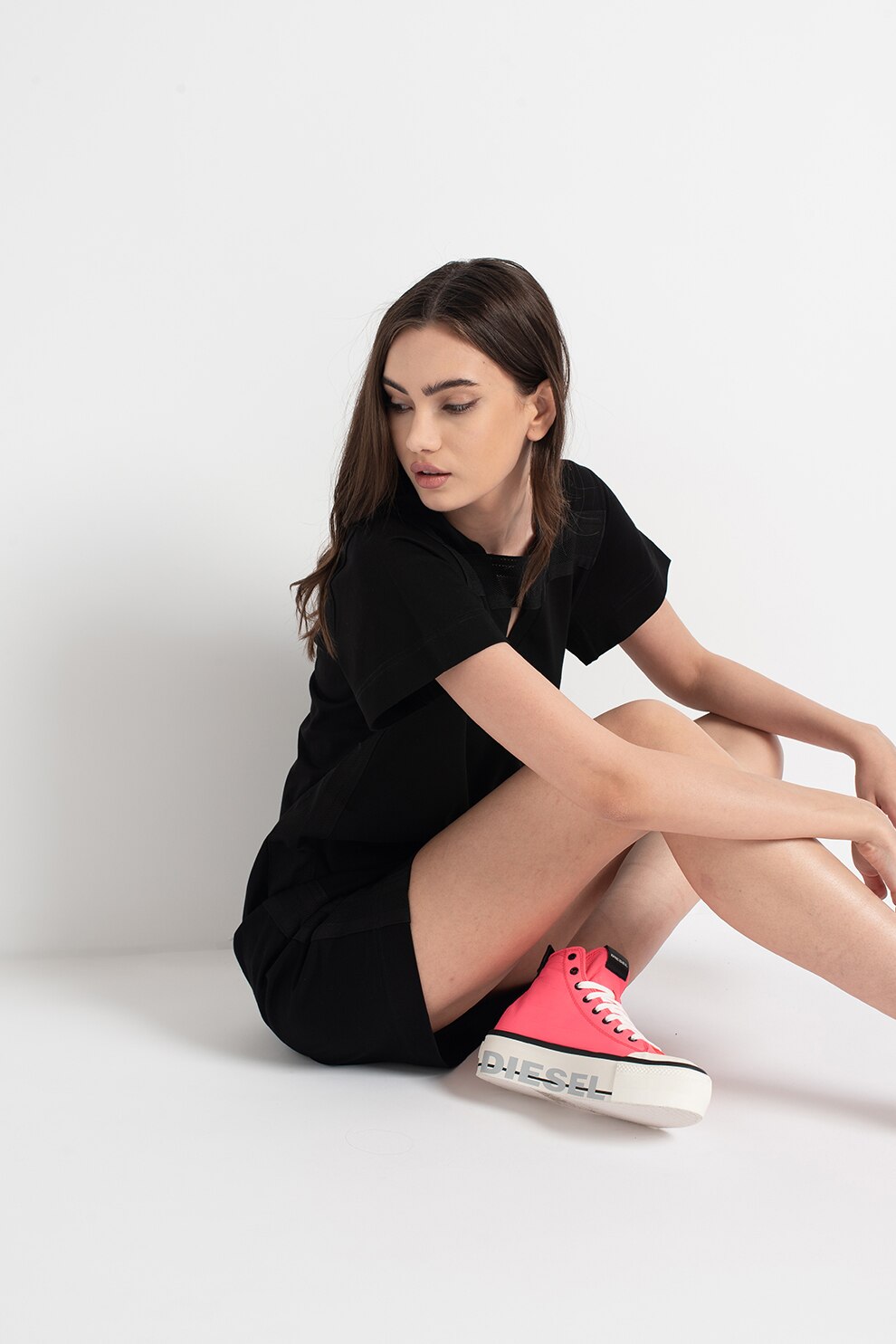 Diesel, Rochie- tricou cu insertii texturate, Negru