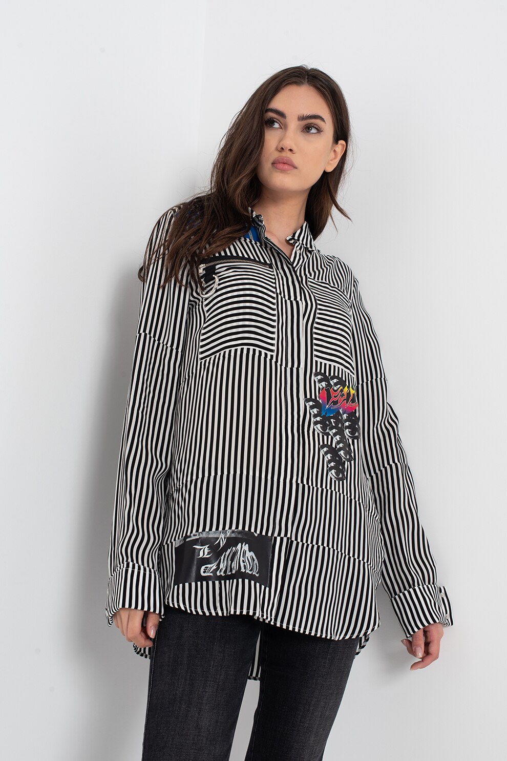 Diesel, Camasa in dungi cu detalii grafice C-Alim, Alb/Negru/Albastru, XS