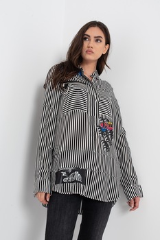 Diesel, Camasa in dungi cu detalii grafice C-Alim, Alb/Negru/Albastru, XS Diesel, Camasa in dungi cu detalii grafice C-Alim, Alb/Negru/Albastru, XS