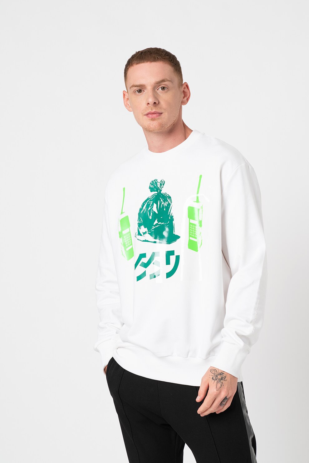 Diesel, Bluza sport cu decolteu la baza gatului si imprimeu grafic S-Biay, Alb prafuit/Verde, 2XL
