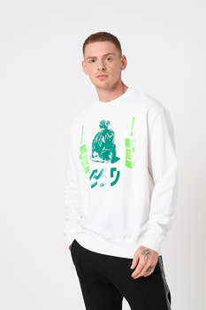 Diesel, Bluza sport cu decolteu la baza gatului si imprimeu grafic S-Biay, Alb prafuit/Verde, 2XL Diesel, Bluza sport cu decolteu la baza gatului si imprimeu grafic S-Biay, Alb prafuit/Verde, 2XL