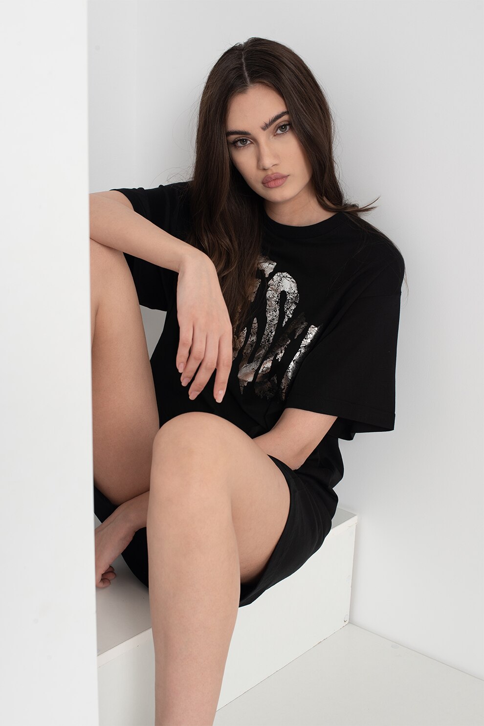 Diesel, Rochie lejera cu maneci cazute si logo Bowly, Negru/Argintiu, XS