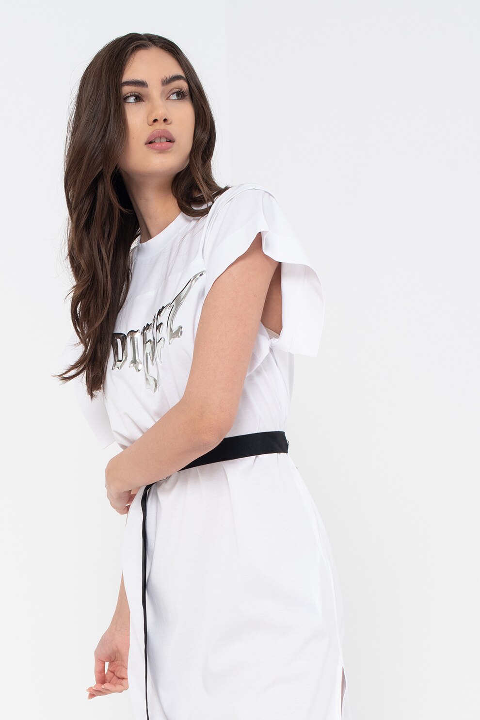 Diesel, Rochie-tricou cu slituri laterale Flix, Alb/Argintiu