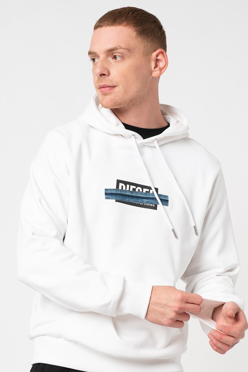 Diesel, Hanorac de bumbac cu imprimeu logo S-Girk, Alb/Negru/Albastru inchis, 2XL